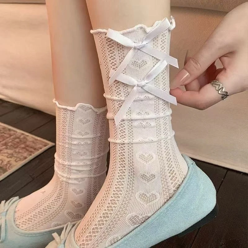 Summer Thin Mid Tube Pile Socks Lace Butterfly Lolita Socks Elasticity Comfortable Fashion Hollow-out Japanese Lace JK Socks