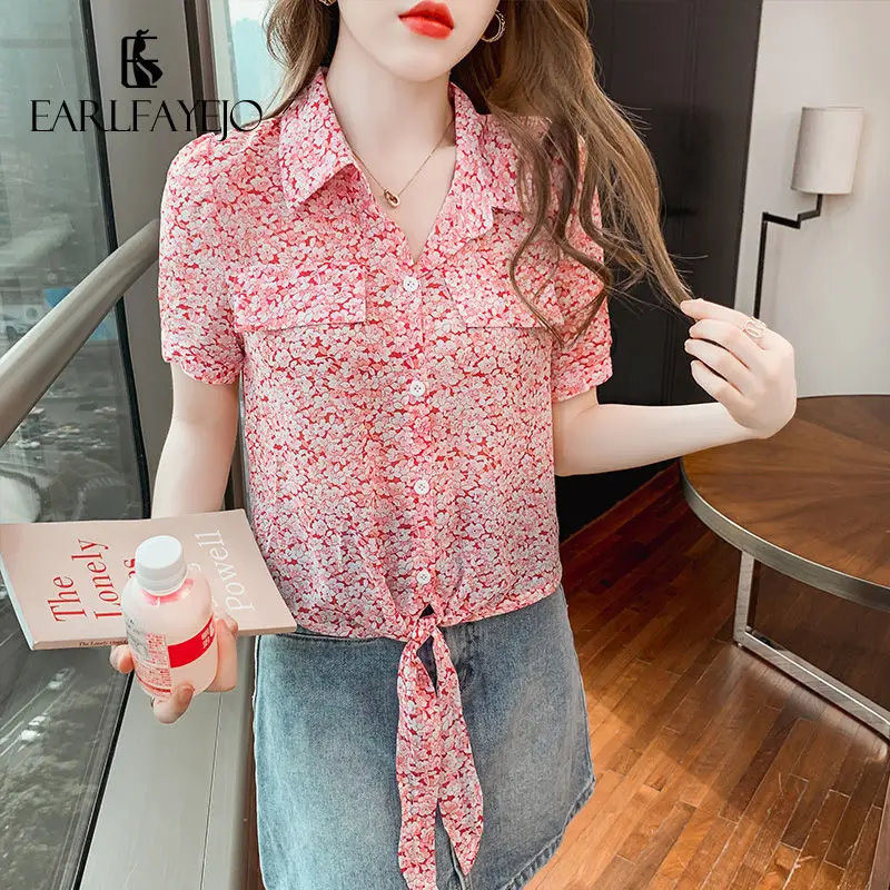 Blusa feminina de manga curta com gola polo, camisa minimalista, estampada com botões, moda laço, solta, combina com tudo, nova, verão, 2024