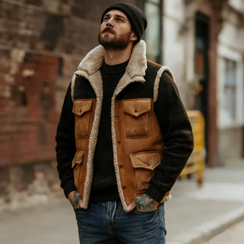 A New Cross-border European and American Men's Outdoor Retro Color Multi-pocket Patchwork Suede Casual Sleeveless Jacket Vest
