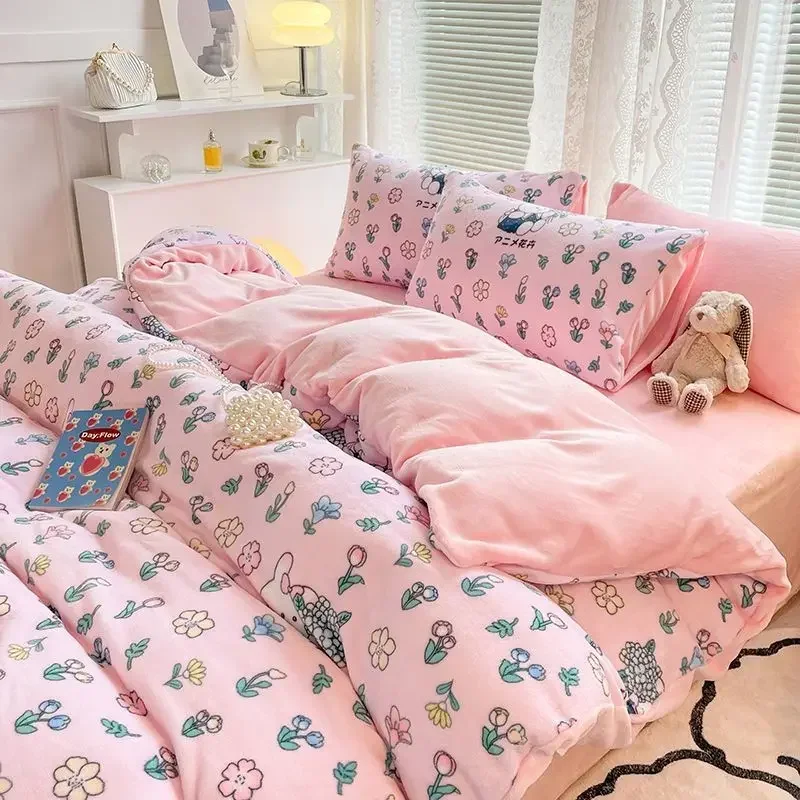 

Soft Duvet Cover Flat Sheet Pillowcases Set Warm Short Plush Double Queen Size Bedding Boys Girls Cute Home Textile