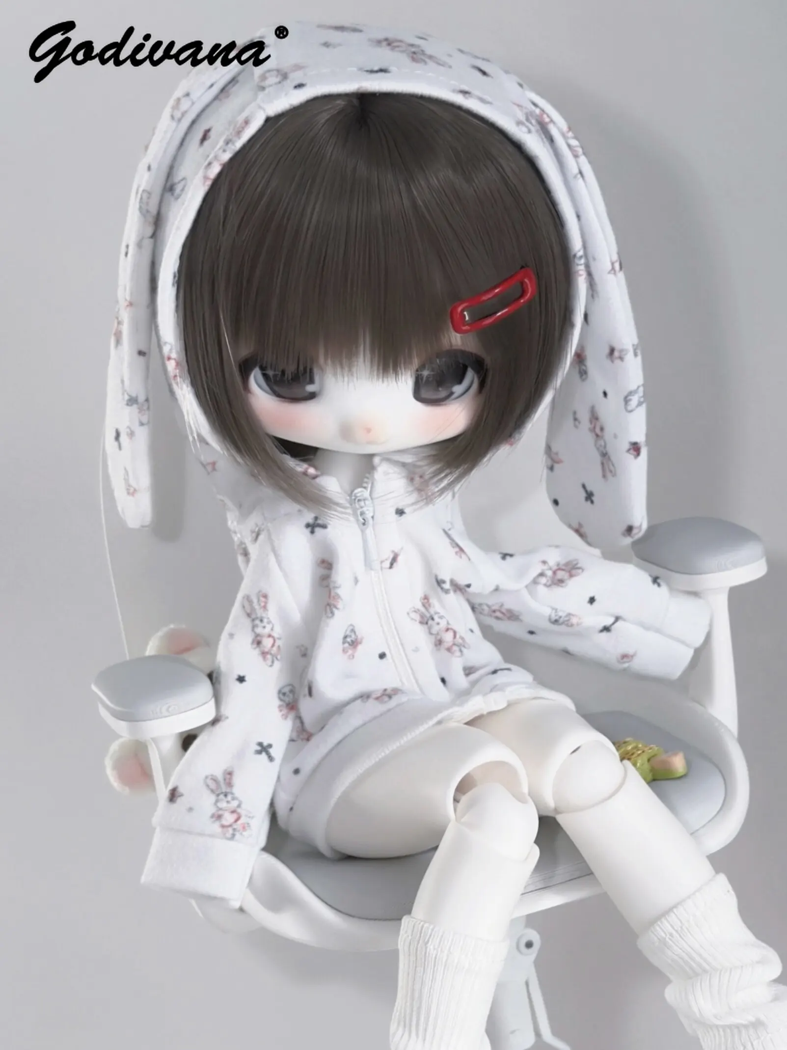 Cute Bunny Ear Hooded Zipper Print Coat BJD Doll Outfit for 3-Joint 6 Short Chubby 1/6 Miudao Xiaowu Xiaoli Dolls Only Clothes