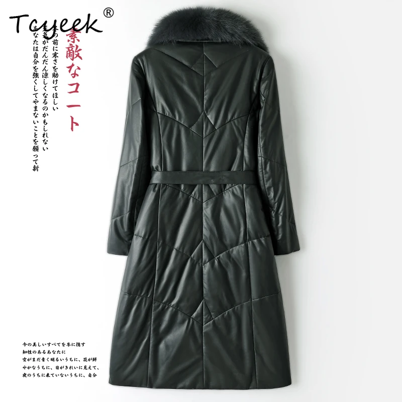 Tcyeek Top Layer Real Sheepskin Autumn Winter Fox Fur Collar V-neck Medium Length Women's Down Coat Casacas Para Mujer Invierno