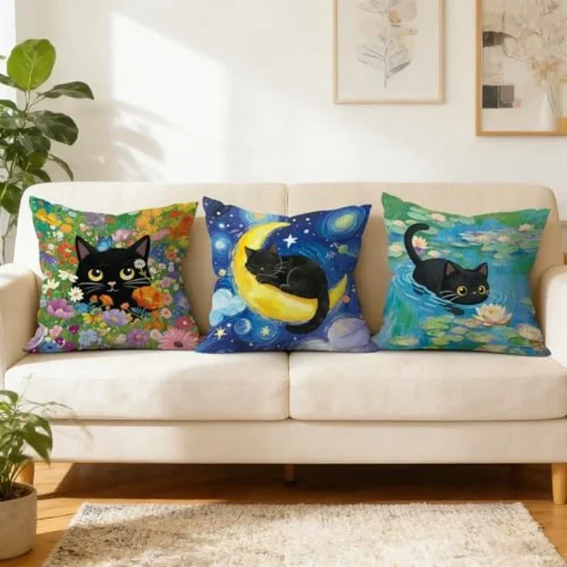 1pc Cute Black Cat Art Throw Pillow Covers Floral Garden Starry Night Water Lily Cushion Cases Cushion Cover