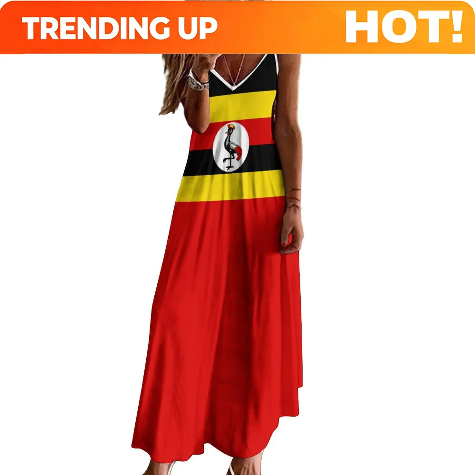 Custom Long Dresses Dress Uganda Flag Print New Casual Sleeveless Women's V-Neck Printed Dress Swing Retro Dresses Red