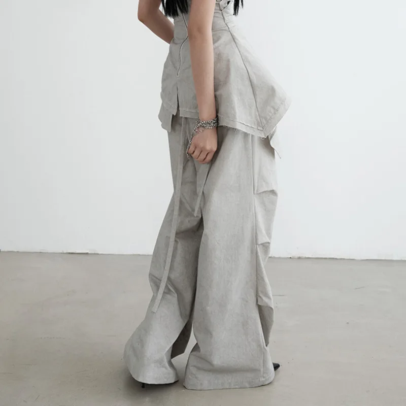 กางเกงขายาวทรงหลวมสไตล์ลำลองสำหรับผู้หญิง รุ่น HKSH คอลเลคชั่นฤดูใบไม้ผลิ/ฤดูใบไม้ร่วง พร้อมกระโปรงมินิสเกิร์ตแบบถอดได้ แต่งระบายผูกเชือก จีบพลีท ดีไซน์หรูหรา รุ่น HK12477