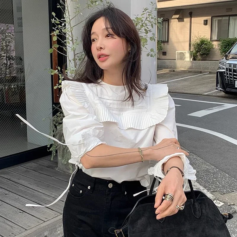 Pleated Lager Lapel Shirts Blouses Lace Up Long Sleeve Blusas Mujer Loose Camisas Korean Chic Ropa Spring Womens Clothing