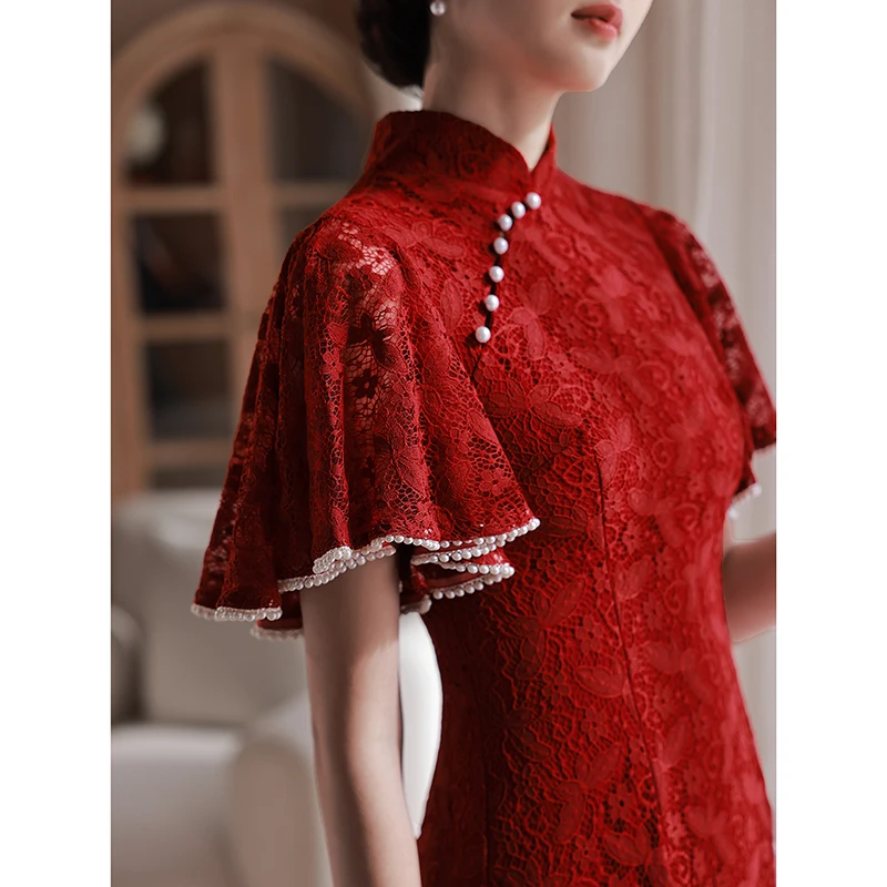 

Red Wedding Dr Engagement Par Chinese Sle Dr Women's Faionable mid Waist Pearl Embellied Gown