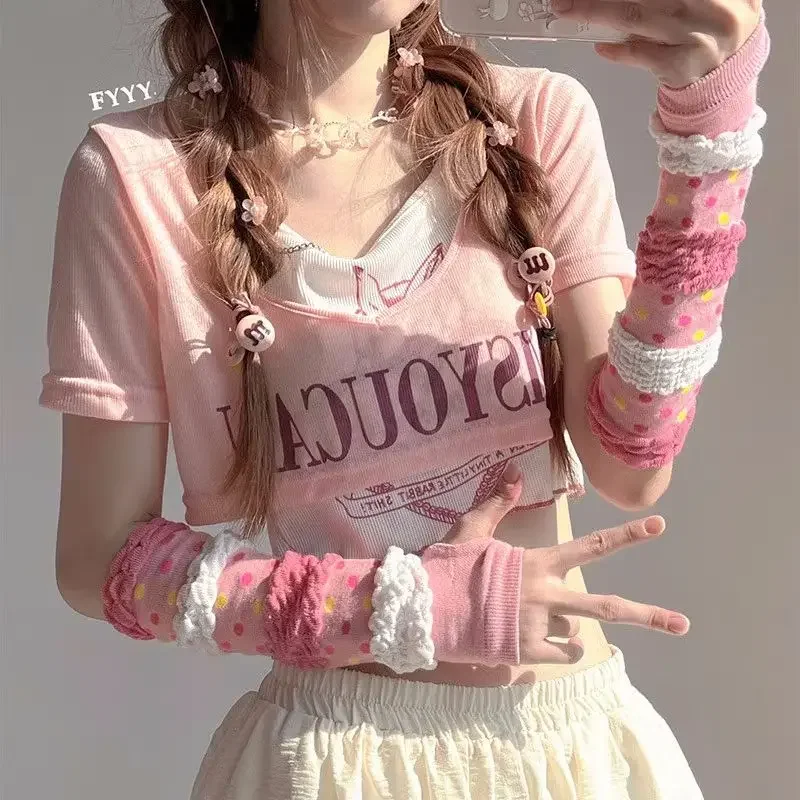 Cute Lolita Pink Long Gloves Kawaii Girls Fluffy Bubble Design Color Dots Sleeves Women Sunscreen Oversleeves Y2k Arm Warmers