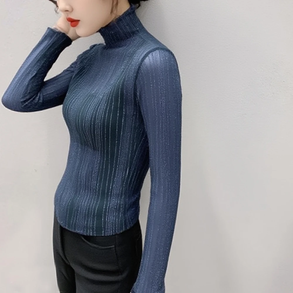 

Women Shiny Bling Lace T Shirt Club Party Black White Long Sleeve Tees Sexy Thin Elastic Mesh Female Bottoming Blouses Lady Top