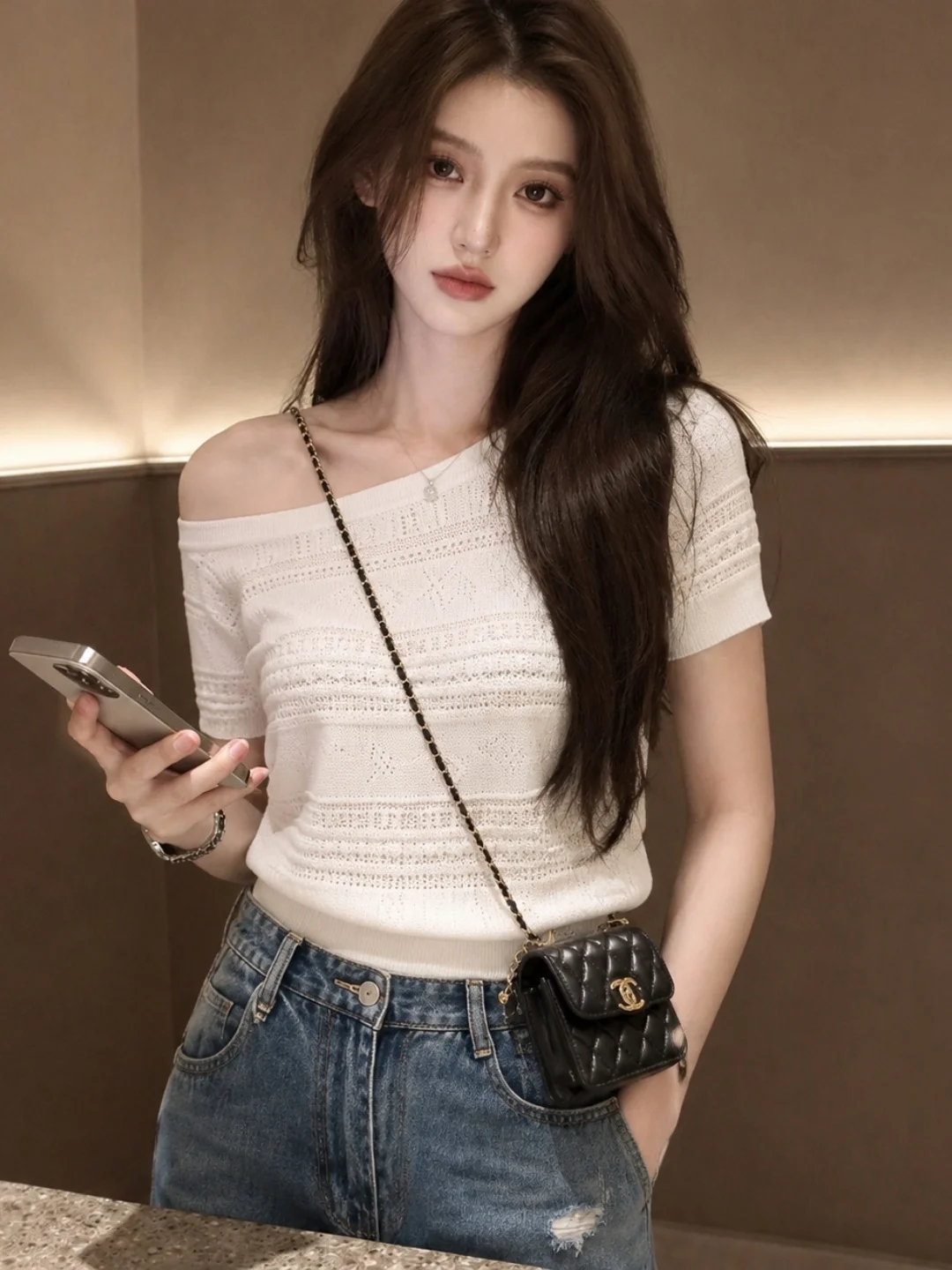 

Elegant Hollow out Hook Design Ice Silk Knitted Short Sleeve Shoulder Baring Top for Summer Fashion Slimming Stylish Women's Top