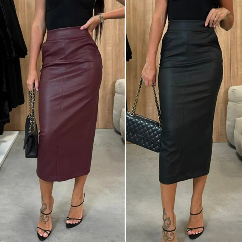 High-Waist Women Midi Skirt Solid Color Imitation Leather Skirt Slim Fit Back Slit Design Casual Party Skirt Daily Wear