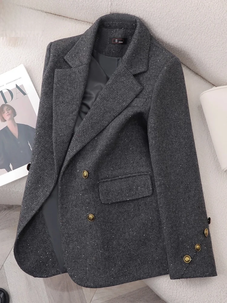 

Шерстяной пиджак для женщин: повседневный, осенне-зимний, новинка, маленький размер, элегантный, удобный для поездок на работу, полностью на подкладке