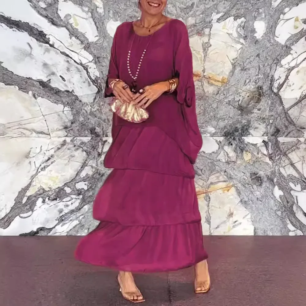 Women Elegant Solid Chiffon Boho Dress 2024 New Spring Summer O-Neck Female Pullover Dresses Half Bat Sleeve Cake Long Vestidos