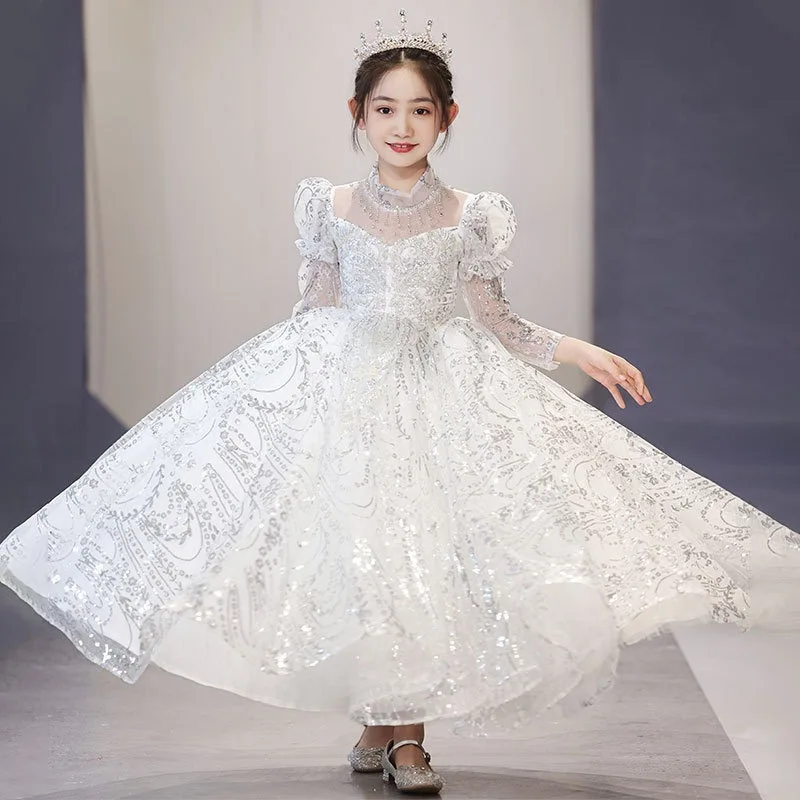 Luxury Sequin Lace Child Flower Girl Dresses Tulle Princess Costumes for Wedding Party Baptism First Communion Performance Gown