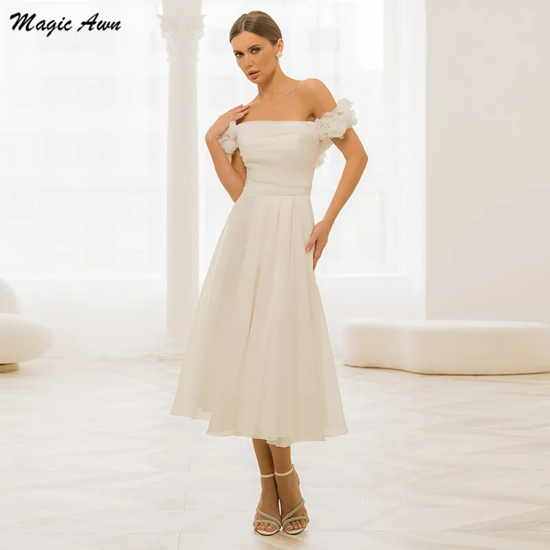 

Magic Awn Off The Shoulder Wedding Dresses For Women 2024 Tea-Length Simple Organza Wedding Party Gowns Short Lace-Up Back Robes