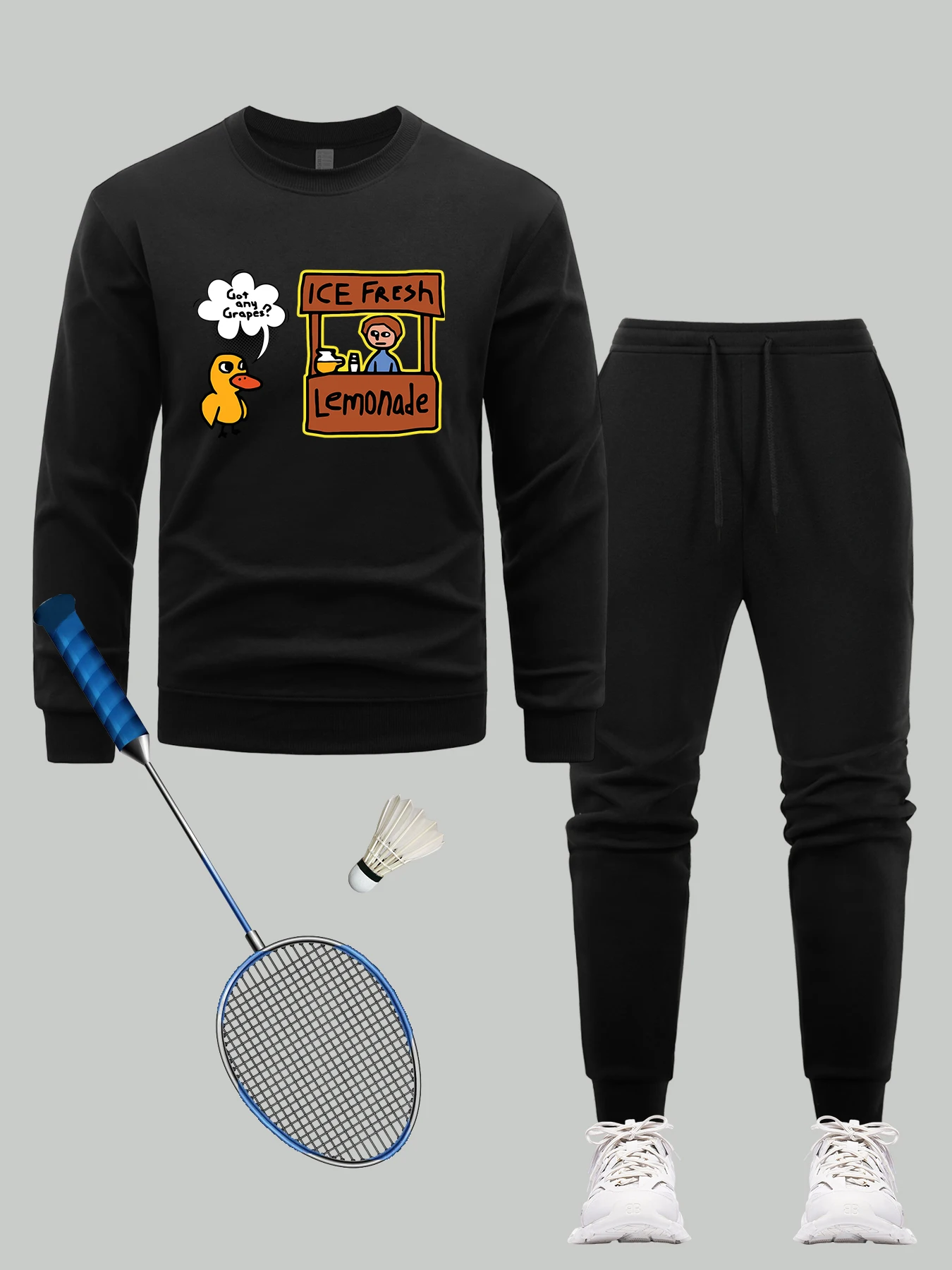 

Duck Got Any Grapes Pattern Sweatshirt Set Men Autumn Casual Sportswear Fleece Tracksuit Suit All-Match Hip Hop Sweatpants