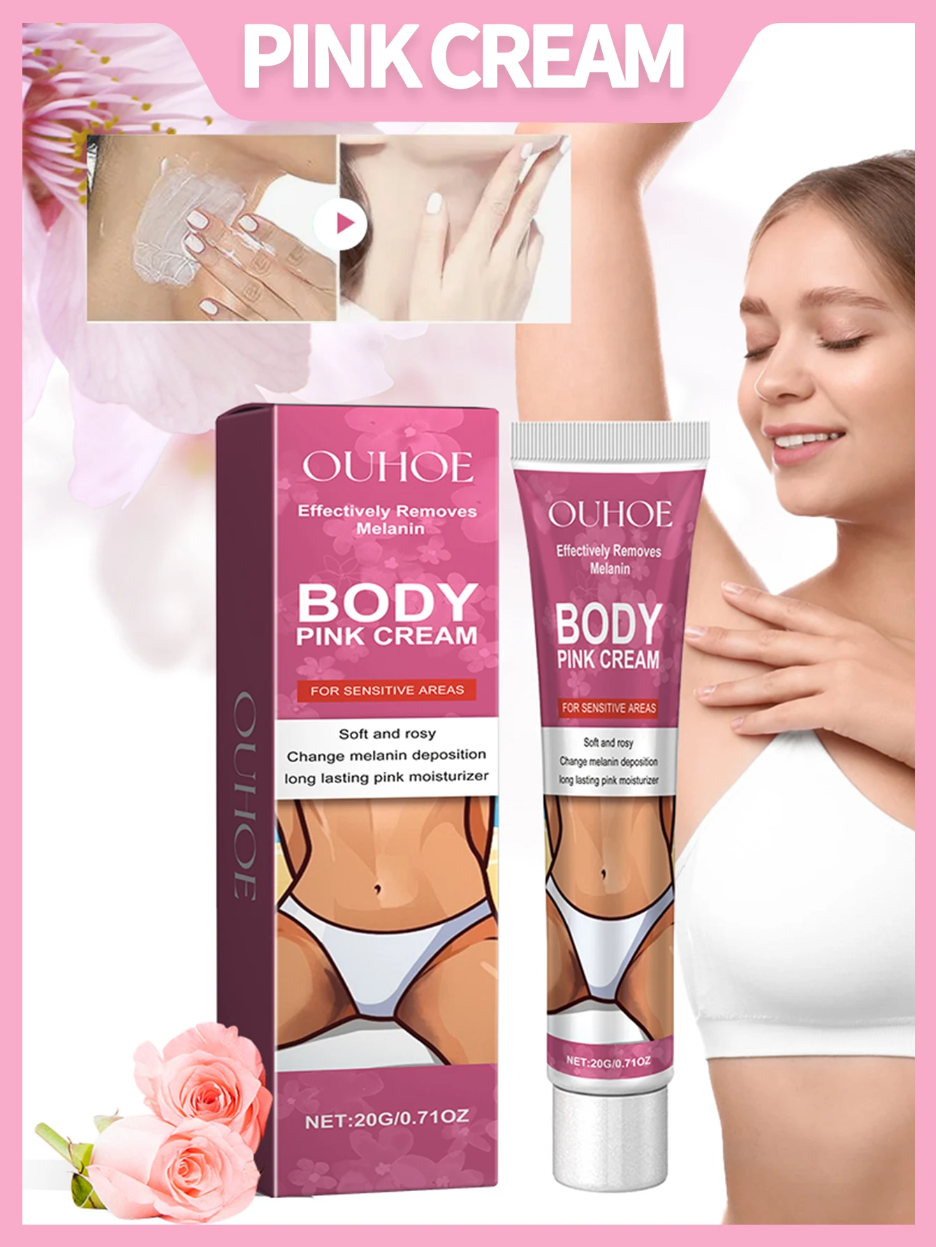 Crema blanqueadora corporal para axilas de 20g, crema rosa corporal para oscurecer partes privadas, adecuada para todo tipo de piel