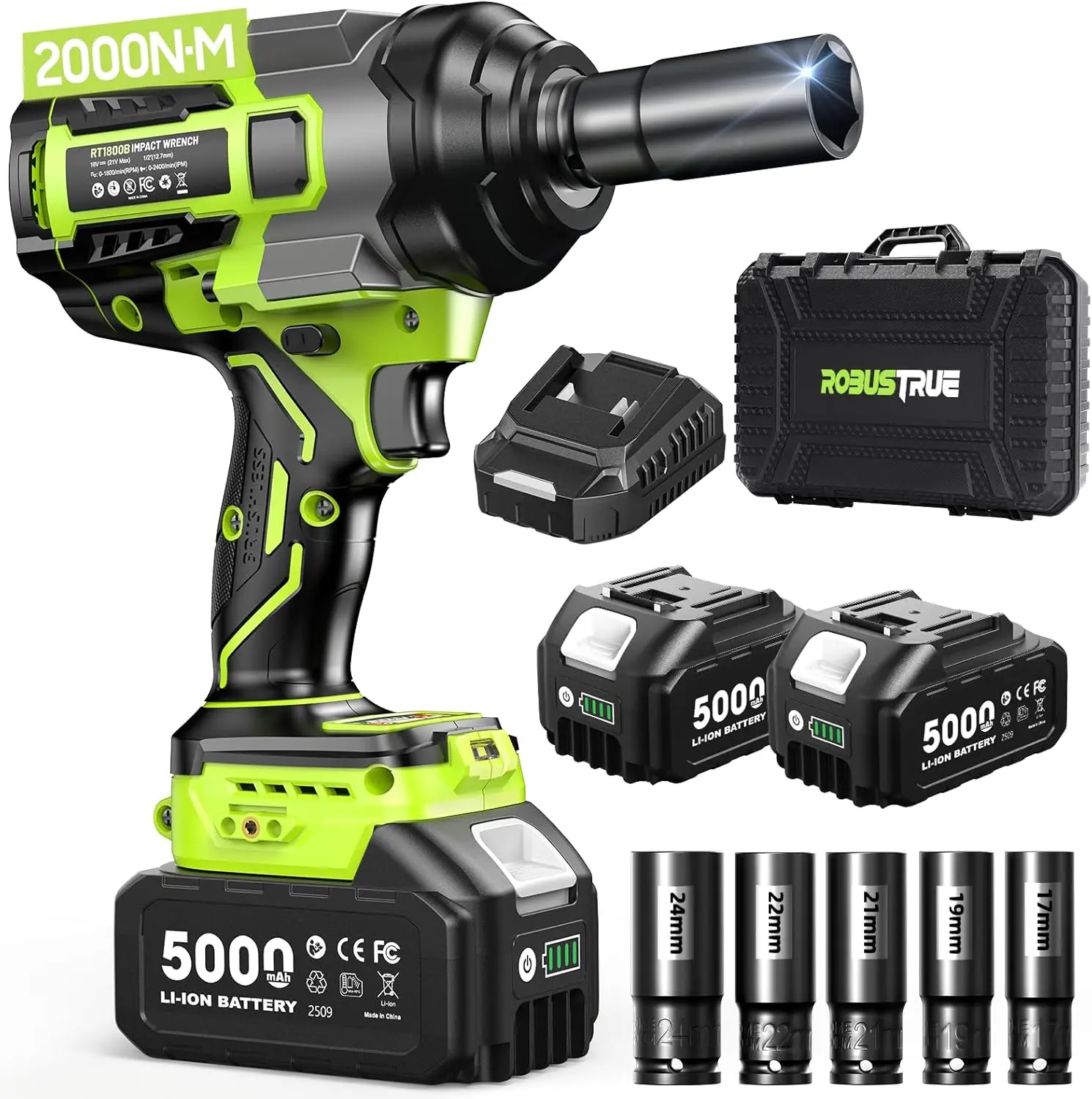 

Cordless Impact Wrench 2000N.m 1/2 High Torque Brushless Impact Gun Variable Speeds Impact Driver Electric Wrench 2*5Ah Battery