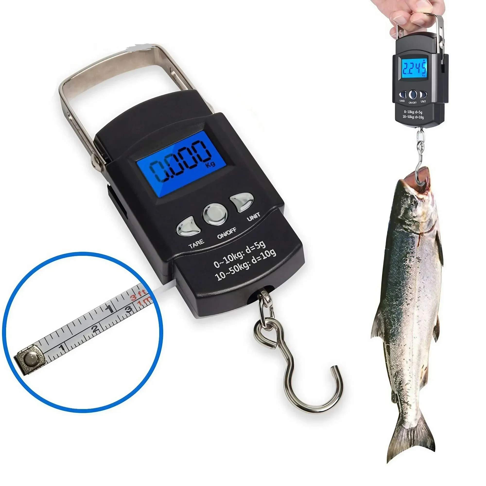 Portable 110 pound/50 kilogram hanging scale, digital scale, backlit fishing scale, luggage weighing tool with tape measure