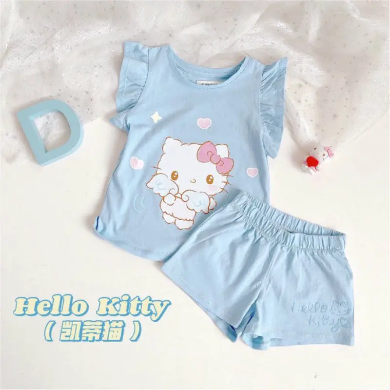 2Pcs Anime Sanrios Hello Kittys Girls Pajamas Set My Melody Children Home Clothes Cute Short Sleeve Shorts Summer Sleepwear New