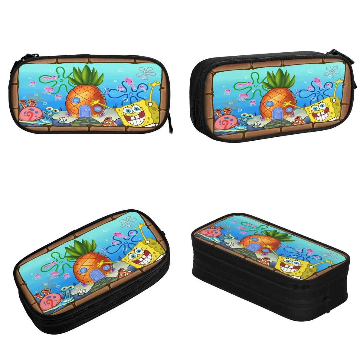 Large Capacity Pencil Pouch SpongeBobed Cartoon Anime Office Accessories Double Layer Pencilcase Girl Make Up Bag Amazing Gift