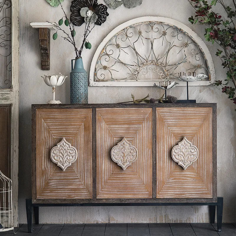 

American rural retro dining side cabinet entry, living room carved entrance cabinet, homestay old storage storage decorative
