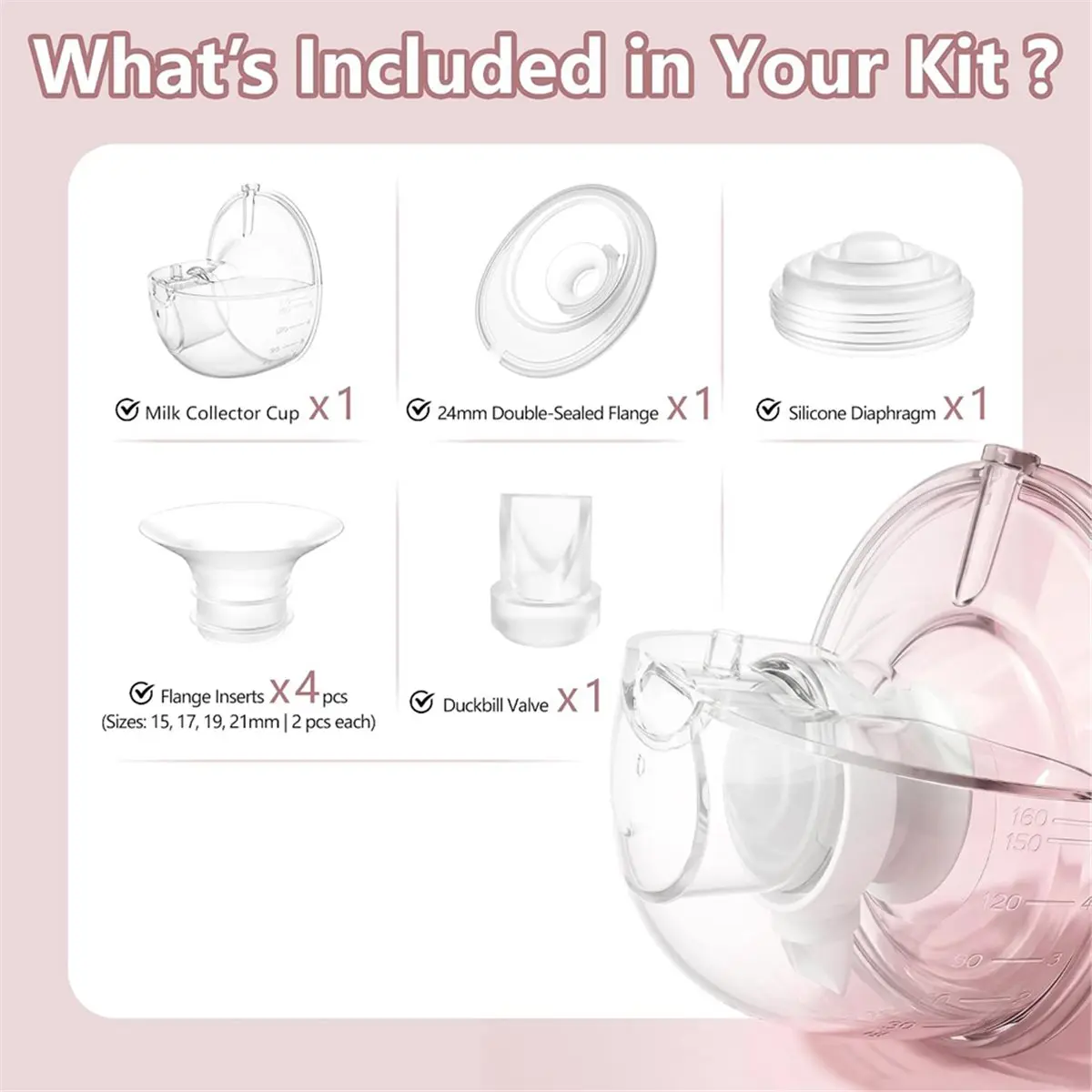 10-Pack Breast Pump Replacement Parts for M5 - 24mm Double-Sealed Flanges + 15/17/19/21mm Inserts