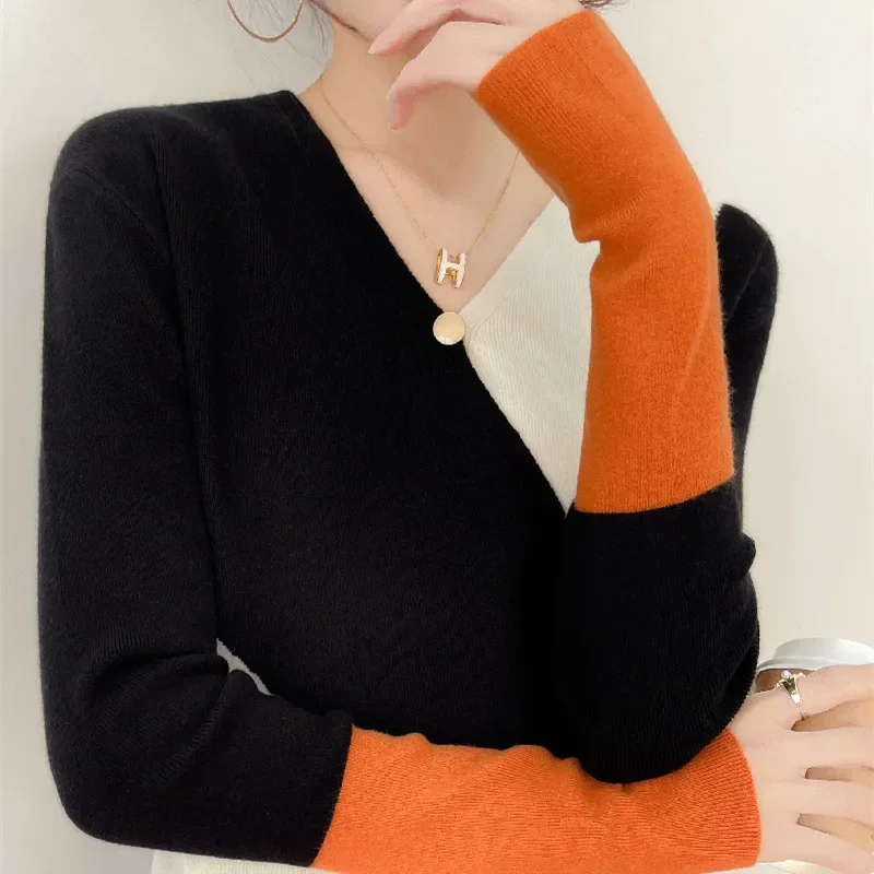 

Women's Cashmere Sweater Colorblock Sweater Women Casual Pullover Ladies Knitwear Fashion Sweater Female Thin Inner Top PH364