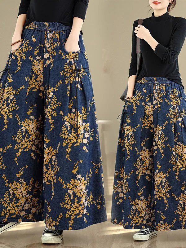 

Элитные джинсовые юбка-брюки больших размеров для женщин: модные, художественные, с новым китайским принтом, с высокой талией, прямые брюки