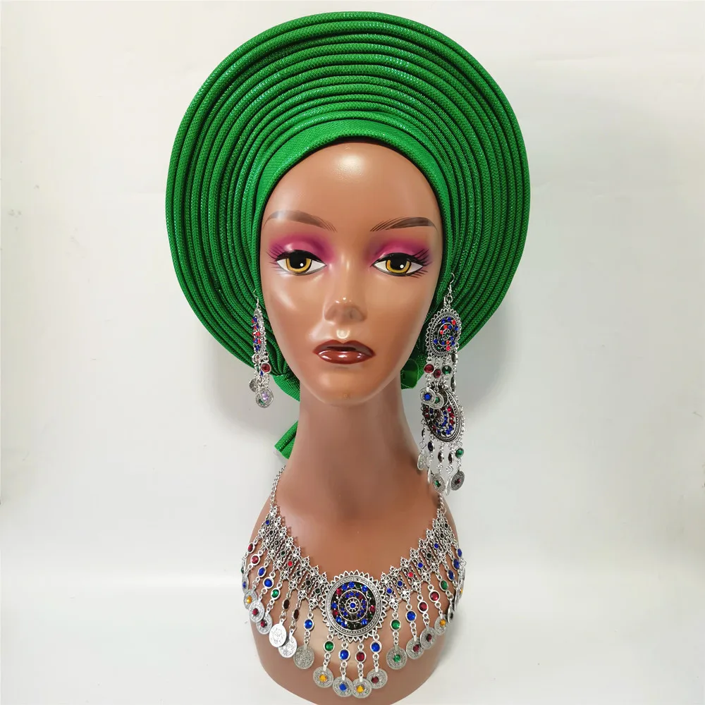 Red Headtie Gele Nigerian African Hat alread Made Auto Gele With Necklace Earrings Set For Wedding Party XM223-1