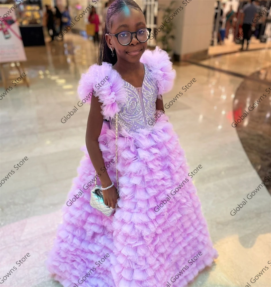 Lila Rüschen niedlichen Blumen mädchen Kleid Perlen Kristall Kind Prinzessin Kleid für Geburtstags feier Kleider Applikation abgestufte Robe de Bal