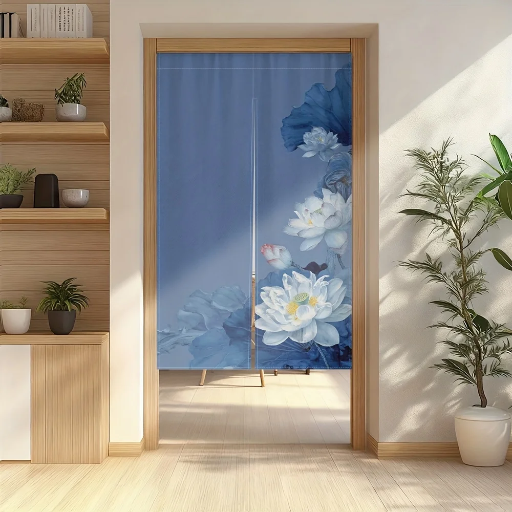 Ink Lotus Noren Curtain – Blue & White Floral Art, Rod Pocket Top, Semi-Translucent, for Entryway or Tea Room Decor
