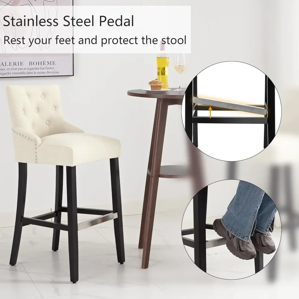 Linho Bar Fezes Set, Modern Estofados Altura Bar Cadeiras, Button-adornado Tecido Barstools com Costas, Conjunto de 4, 29"