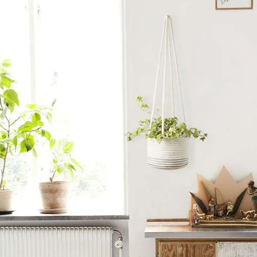 

Rustic Crafted Woven Basket Linen Rope Hanging Planter for Home Office Indoor Flower Pot Decor Storage Organizer