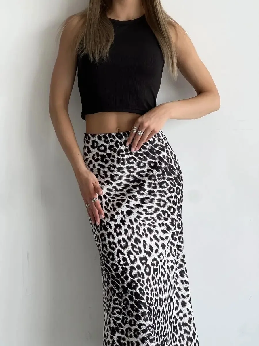

Fashionable Womens Skirt Retro Elegant Leopard Print Mid-length Roupas Feminina Casual Street High Waist Satin Fishtail Clothing