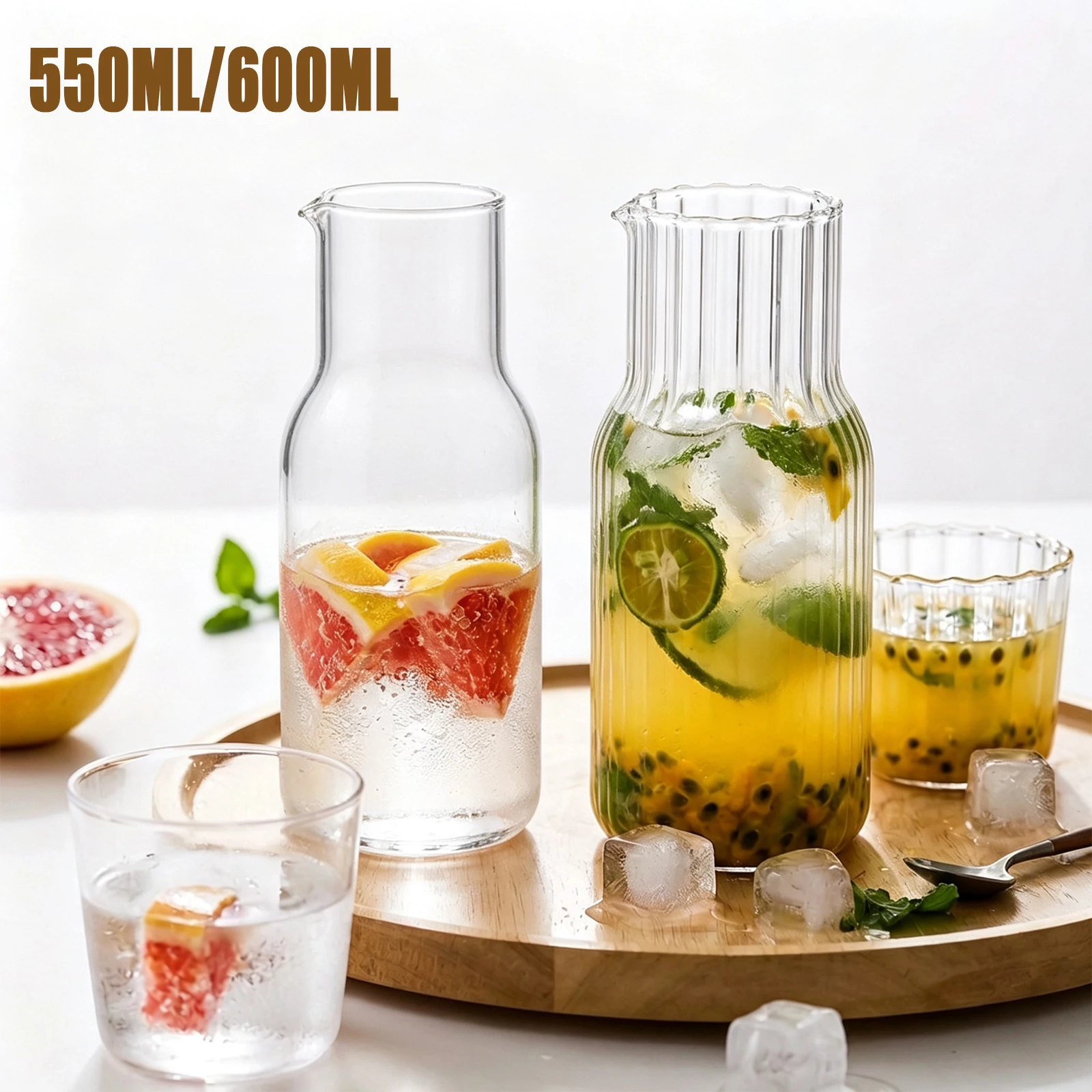 Nachttisch-Wasserkaraffen-Set 550/600ML Milch-Getränke-Teebecher mit hitzebeständigem Glas, Nachttischkrug für Gästezimmer und Badezimmer