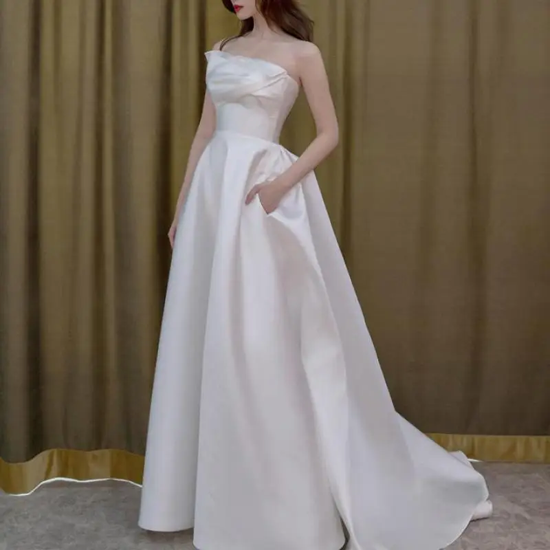 Customized Elegant Wedding Dresses For Bride New Simple Vestidos De Novia Sexy Strapless Long Bridal Dress With Small Train