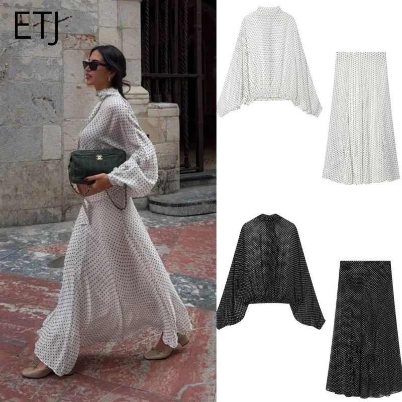 ETJ Women's Polka Dot Blouse Skirt Set 2026 Spring High Neck Batwing Sleeve Sheer Front Tie Bow Midi A-Line Dress Set