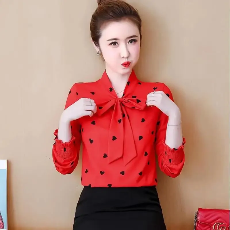 S-4XL بلوزة شيفون المرأة بأكمام طويلة جديد ربيع الخريف الكورية فضفاضة المناسب موضة طباعة قاع قميص