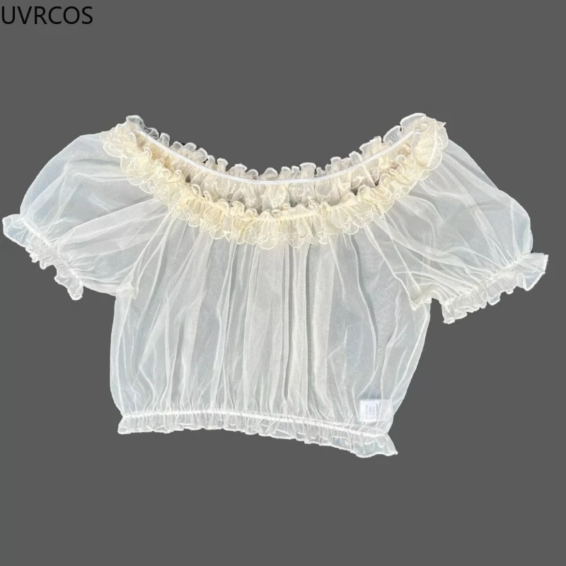 بلوزات يابانية على طراز لوليتا كاواي للسيدات عتيقة بكشكشة حلوة ورقبة دائرية وأكمام مضيئة داخل القمم صيفي لطيف شفاف من خلال القمصان