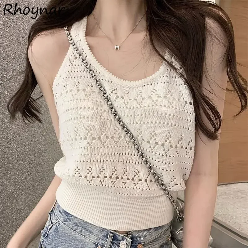 

Tanks Women Knitted Literary Summer Solid Hollow Out Leisure Vintage Prairie Chic Cropped Sweet Soft Korean Style Popular Simple