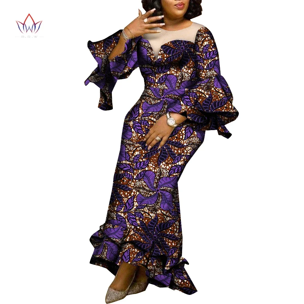 

Long Sleeve African Women Dresses Ankara Print Dashiki Party Wedding Wax Batik African Long Dress for Women Yarn Neck WY1907