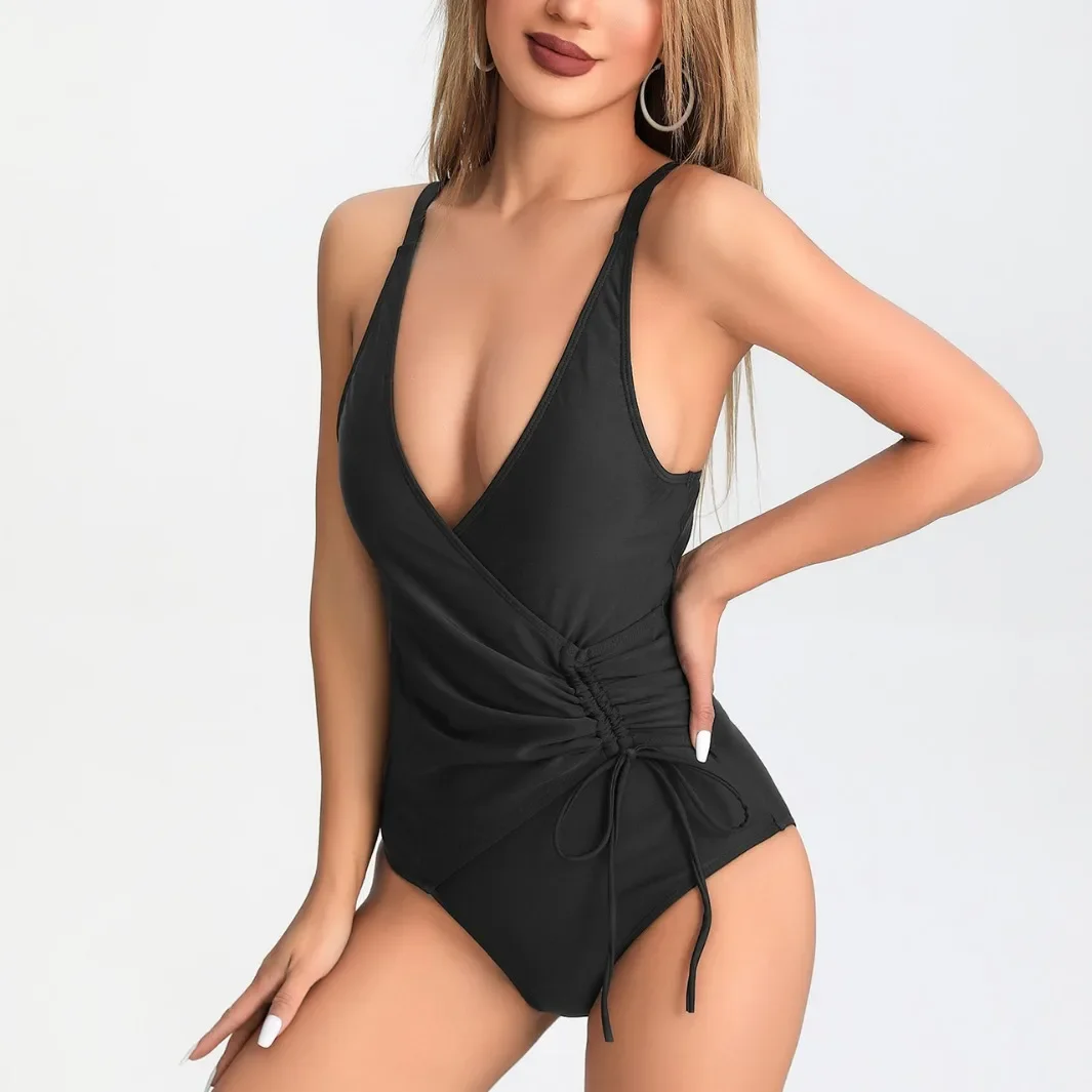 

2025 Fashion New Bandage Swimwear For Women Blue One Piece Swimsuit Suit Female Solid Slimming Black Beachwear Bathers Bathing