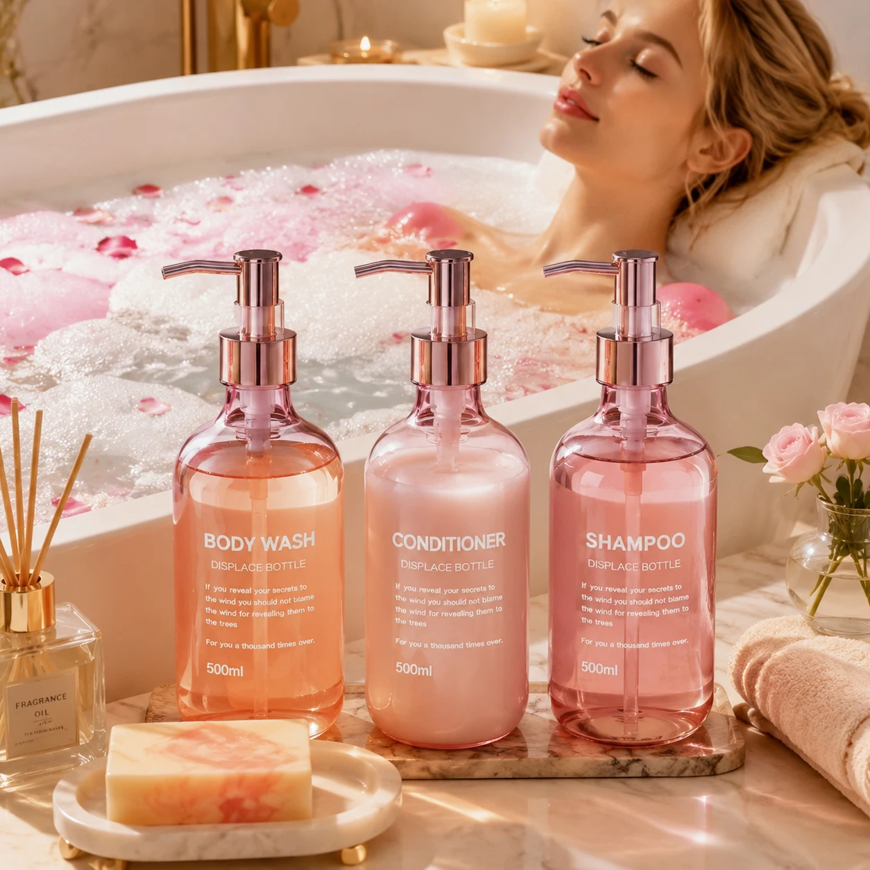 Bathroom Shower Dispenser Set, Refillable Pink Shampoo, Conditioner and Bodywash Bottles for Elegant Bath Decor view 2