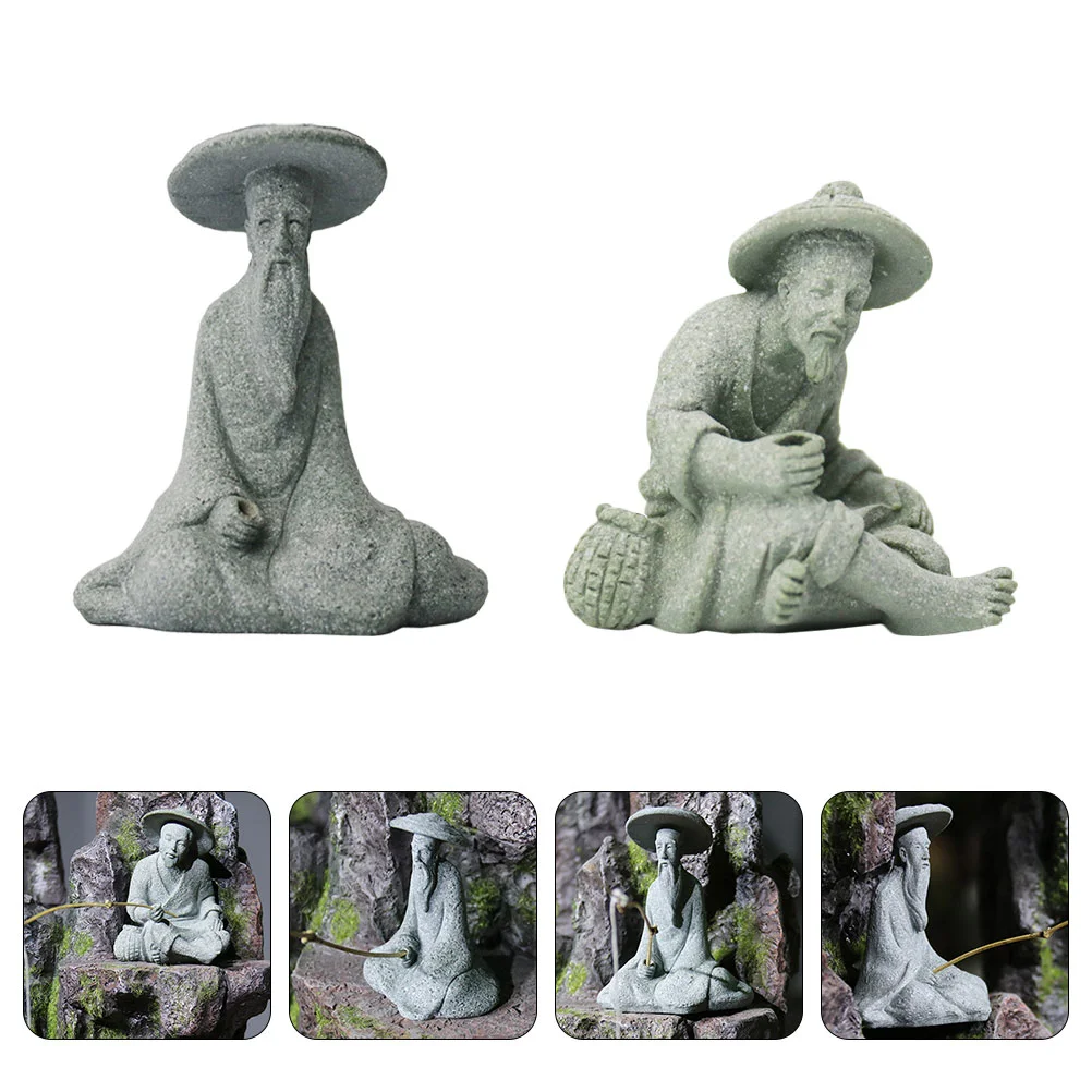 2 Pcs Petri Decor Fishing Elder Tank Exquisite Craft Miniature Sandstone Garden Novel DIY Decoration Micro Landscape