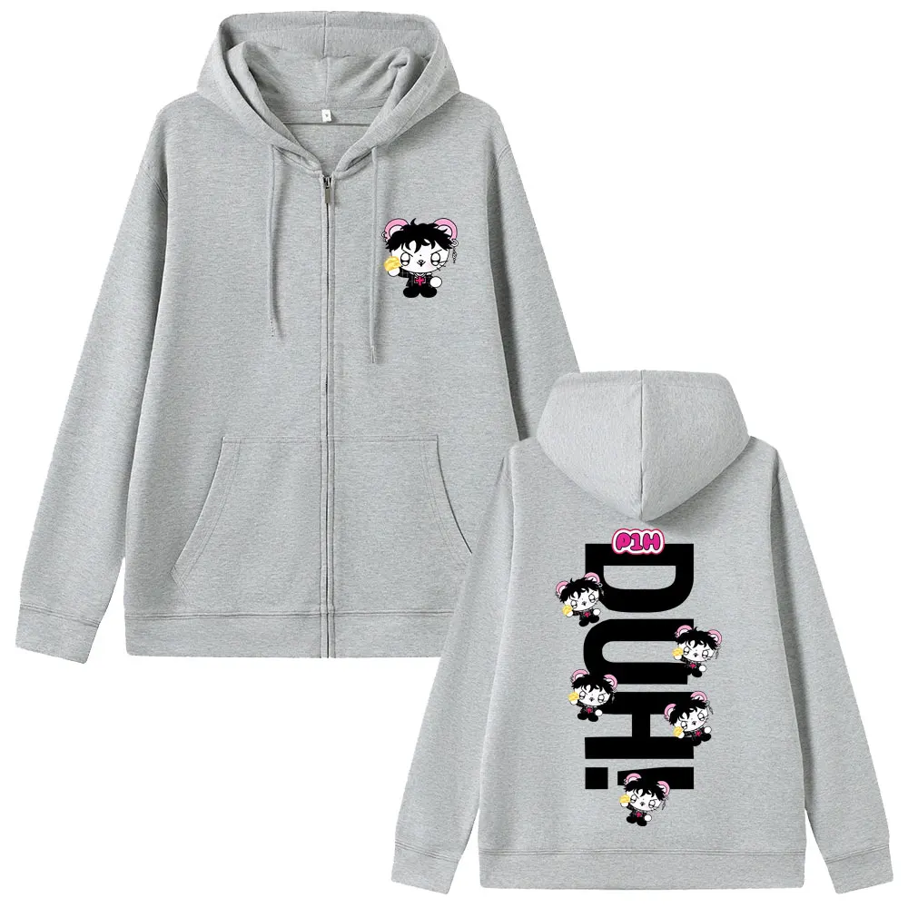 Coreano Kpop P1Harmony 2025 DUH Cartoon Style Stampa Zipper Felpa con cappuccio Gatto Divertente Meme Zip Up Giacca Uomo Donna Moda Hip Hop Felpe con cappuccio