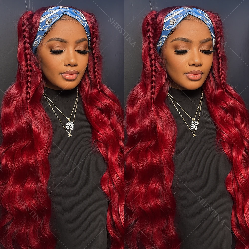 

Бордовый парик с повязкой на голову, человеческие волосы, объемная волна, без парика спереди, парики из человеческих волос машинного производства, красновато-коричневые вьющиеся парики из человеческих волос