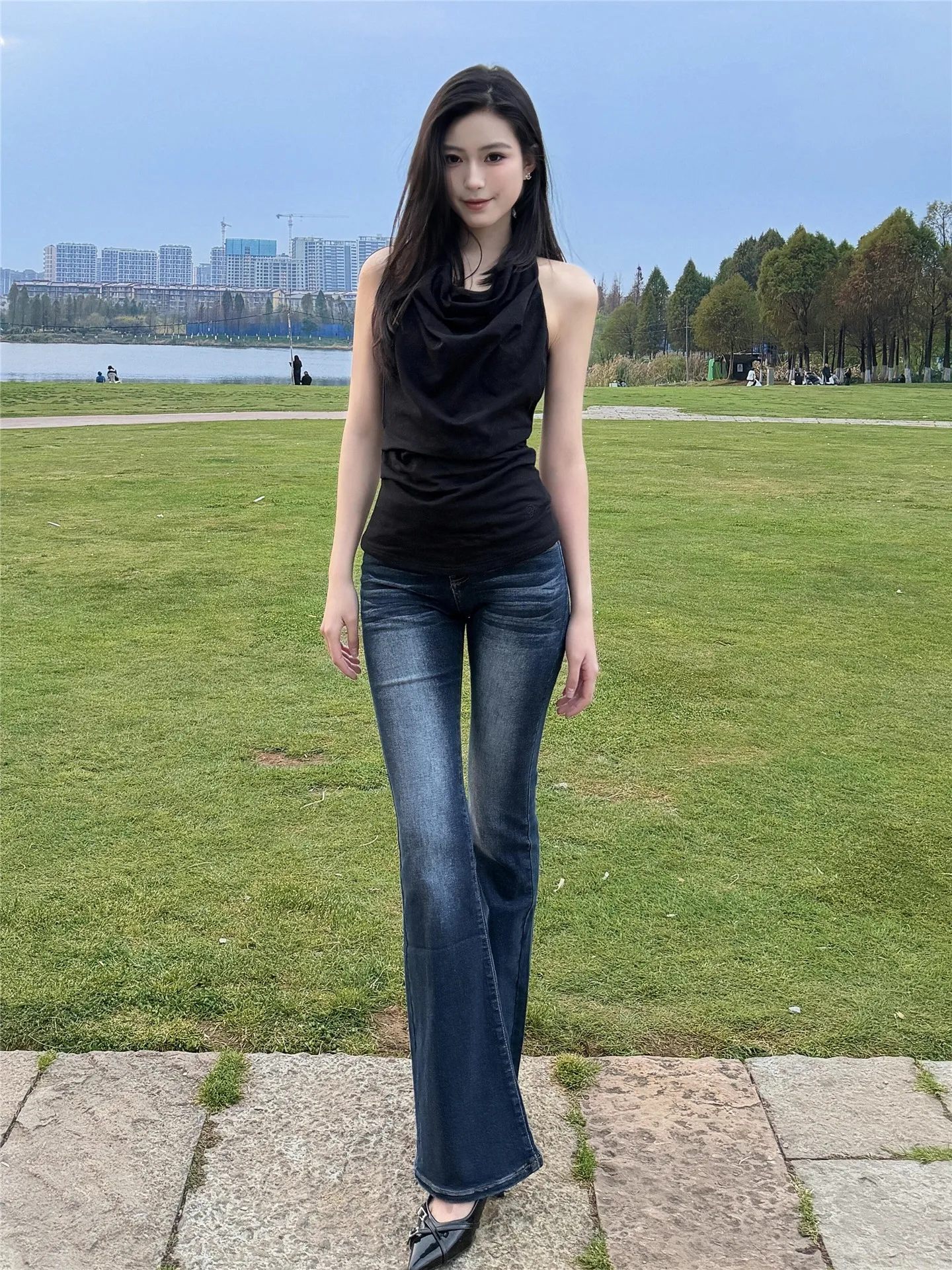 

American Style Vintage High Waist Extended Low Waist Flared Jeans Women Spring Slimming Sexy Long Leggings Casual Cotton