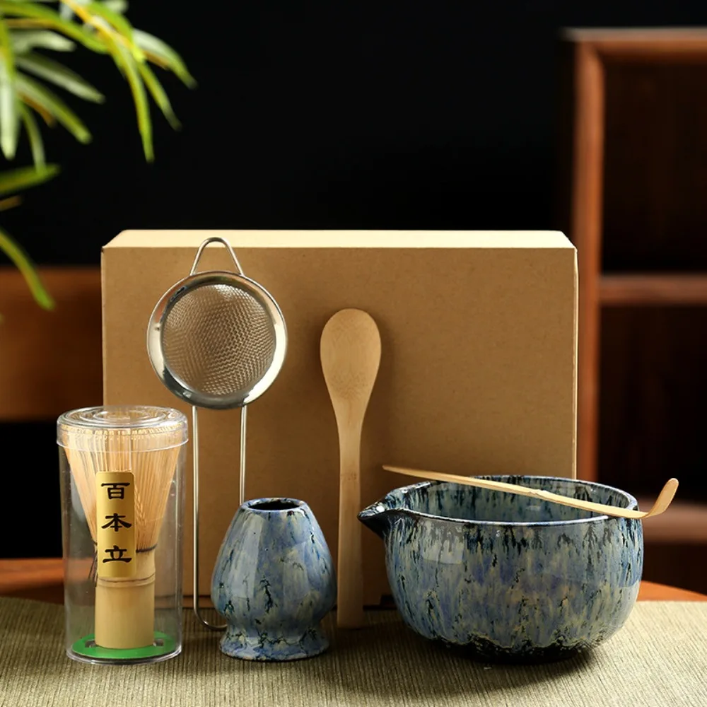 6 Piece/Set Ceramic Japanese Matcha Tea Set Kiln-change Color Natural Grain Pattern Matcha Whisk Kit Colored Glaze Technique