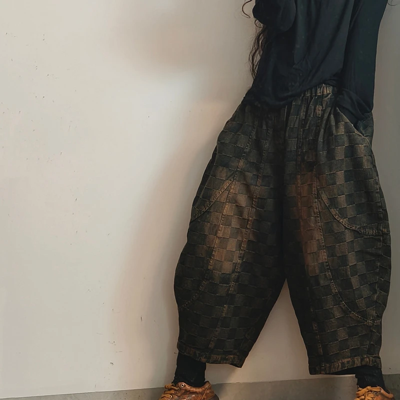 2026 New Arrival Spring & Autumn Cotton Denim Plaid Ankle-length Pants Elastic Waist Loose Harem Pants Women's Jeans Pants Y79